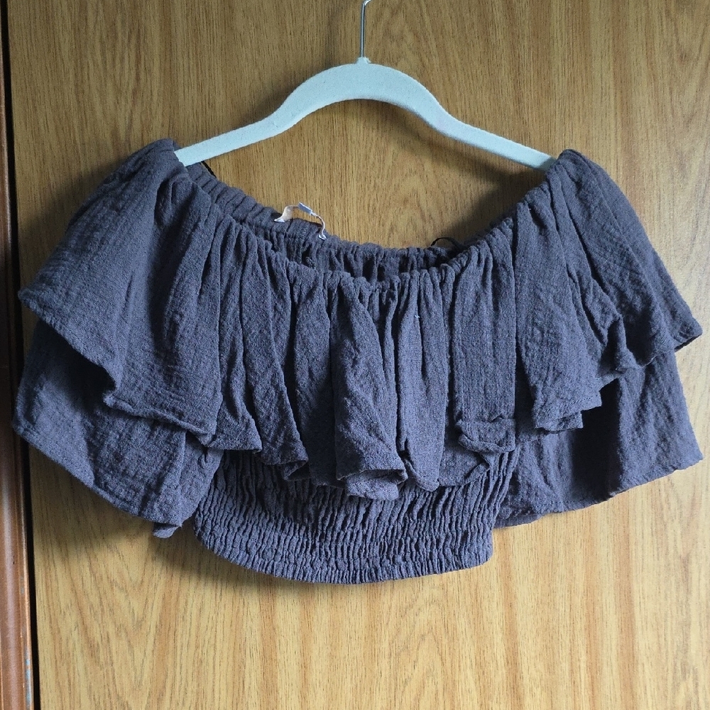 Olivaceous Gray Smocked Ruffled Crop Top